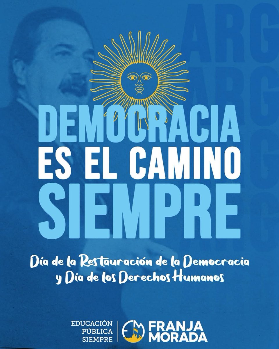 42 AÑOS DE DEMOCRACIA EN ARGENTINA 🇦🇷

El Día de la Restauración de la Democracia en Argentina se conmemora cada 10 de diciembre, fecha en que se recuerda la asunción de Raúl Alfonsín como Presidente de la Nación en 1983, después de siete años de dictadura cívico-militar.