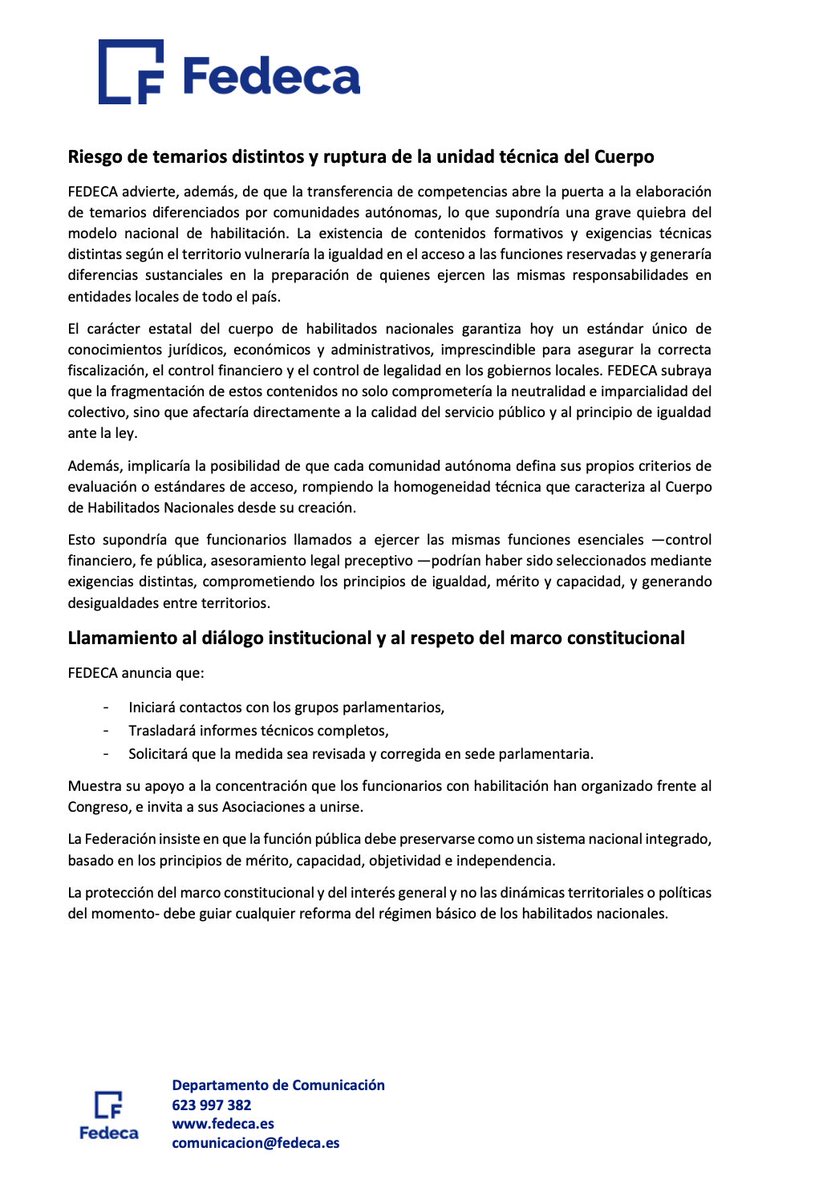 FEDECA rechaza la cesión a Cataluña de competencias sobre los Habilitados Nacionales.

Damos nuestro apoyo a <a href="/cositalCG/">COSITAL CONSEJO GENERAL</a> y <a href="/apsital/">apsital</a> .

📢 Mañana: concentración frente al Congreso.

#HabilitaciónNacional #FunciónPública