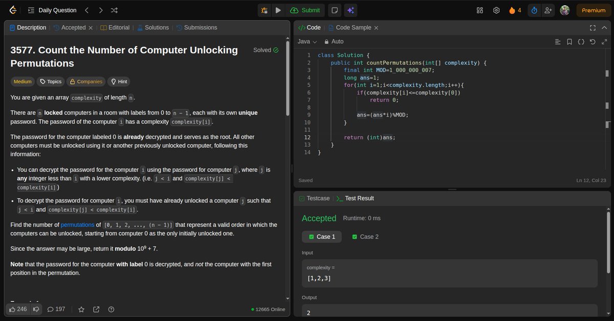 darshanlakade45's tweet image. Daily LeetCode 3577: Count the Number of Computer Unlocking Permutations
Runtime: 2 ms ⚡ 
#javadevs  #DSA  #leetcode