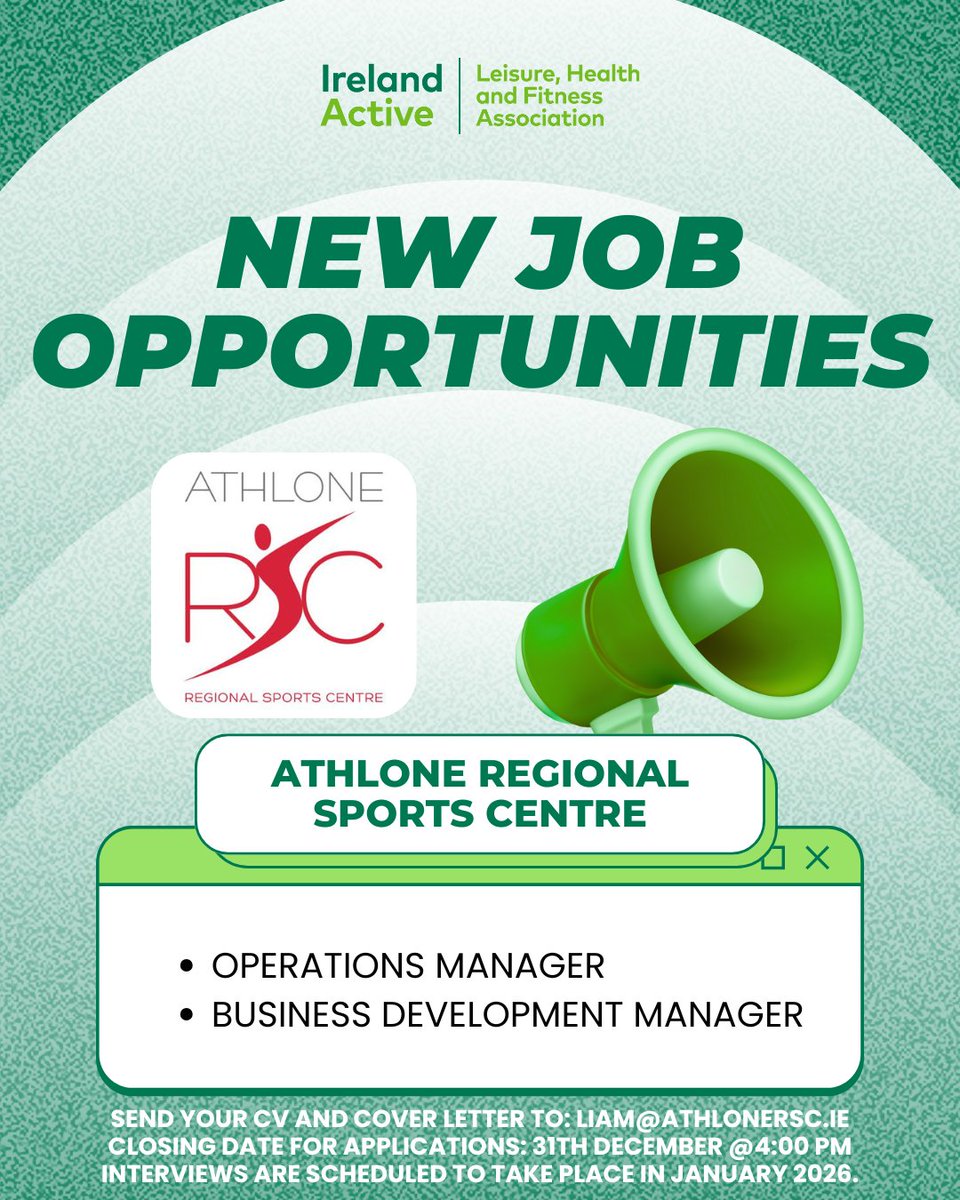 irelandactive's tweet image. 𝙒𝙚’𝙧𝙚 𝙨𝙝𝙖𝙧𝙞𝙣𝙜 𝙣𝙚𝙬 𝙤𝙥𝙥𝙤𝙧𝙩𝙪𝙣𝙞𝙩𝙞𝙚𝙨 𝙖𝙩 𝘼𝙩𝙝𝙡𝙤𝙣𝙚 𝙍𝙚𝙜𝙞𝙤𝙣𝙖𝙡 𝙎𝙥𝙤𝙧𝙩𝙨 𝘾𝙚𝙣𝙩𝙧𝙚!

View full job details:
Operations Manager – irelandactive.ie/2025/12/10/ath…

Business Development Manager – irelandactive.ie/2025/12/10/ath…

#IrelandActive #NowHiring