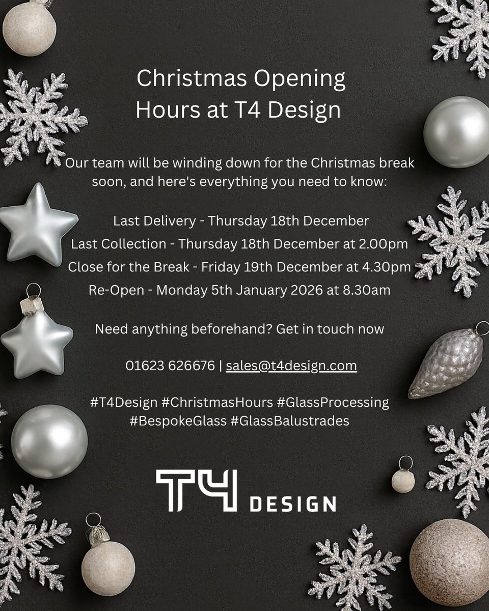 Christmas opening hours at T4 Design 🎄
Please check our final delivery and collection dates.
Get in touch if you need anything beforehand!

01623 626676

sales@t4design.com

#T4Design #ChristmasHours