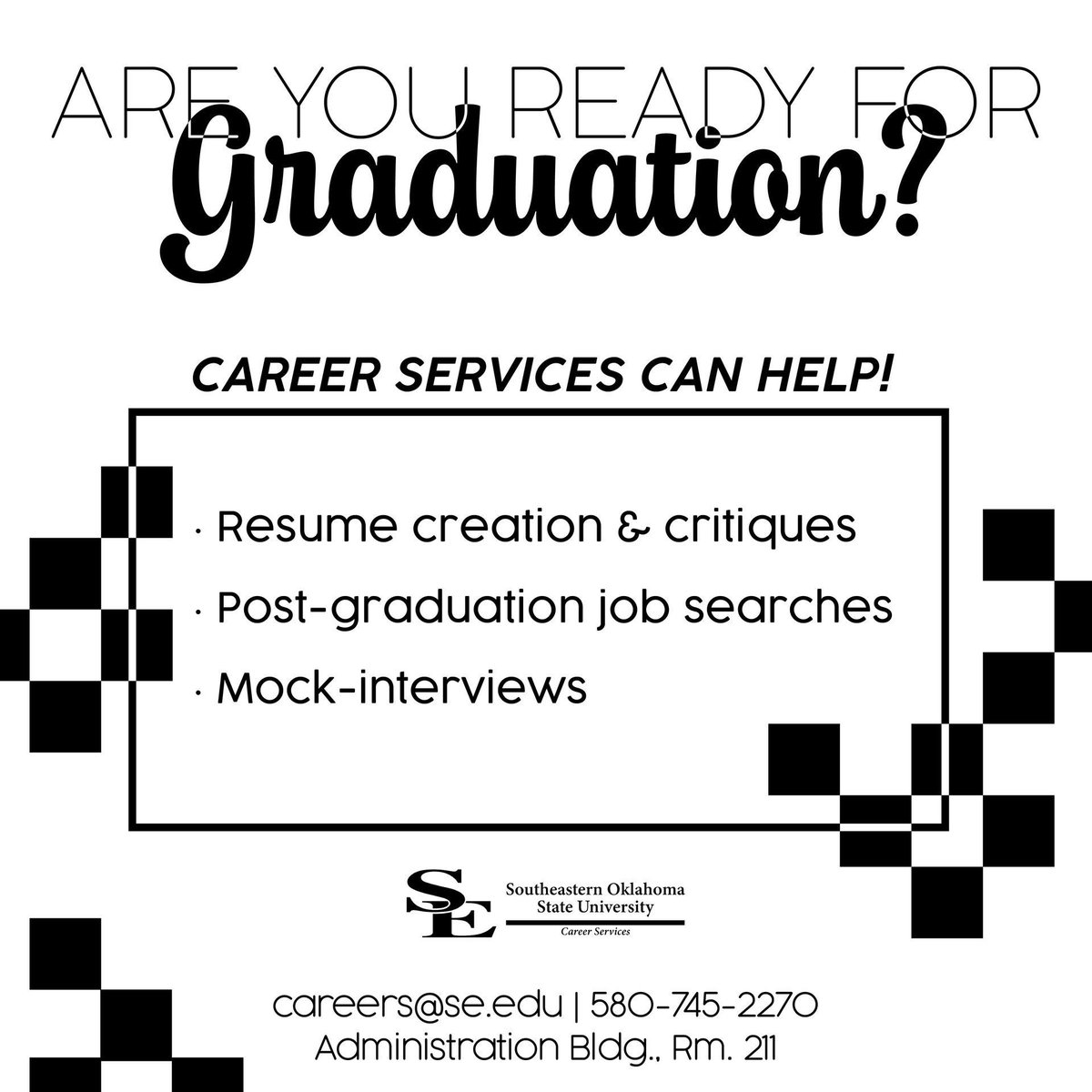 🏁 You're almost to the finish line! 🏁 Are you ready? Career Services can help get you prepared for any upcoming job opportunities! Contact us at careers@se.edu or 580-745-2270