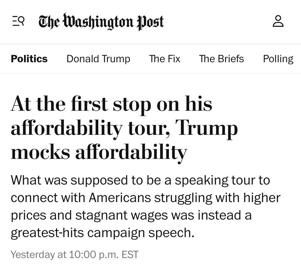 RBReich's tweet photo. Trump has given up on his biggest campaign promise.
Now he mocks the cost of living crisis and calls affordability a "con job."
Meanwhile, corporations that have the power to jack up prices, suppress wages, and bust unions are laughing all the way to the bank (and funding Trump's ballroom).