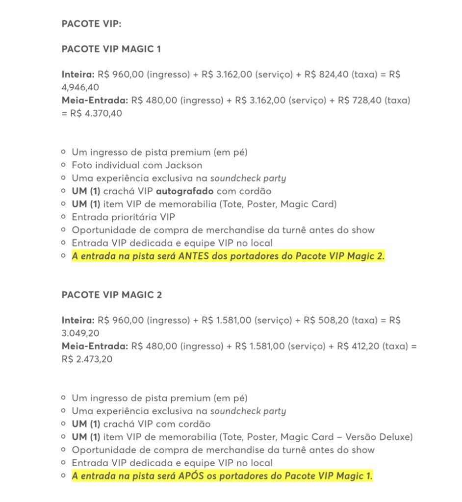 weinthecrowd's tweet image. Informações dos pacotes VIP dos shows do Jackson Wang 🖤🎟️

Valores São Paulo – Pacote VIP Magic 1:
R$ 4.946,40 (inteira) | R$ 4.370,40 (meia)

Valores São Paulo – Pacote VIP Magic 2:
R$ 3.049,20 (inteira) | R$ 2.473,20 (meia)

Valores Rio de Janeiro – Pacote VIP Magic 1:
R$…