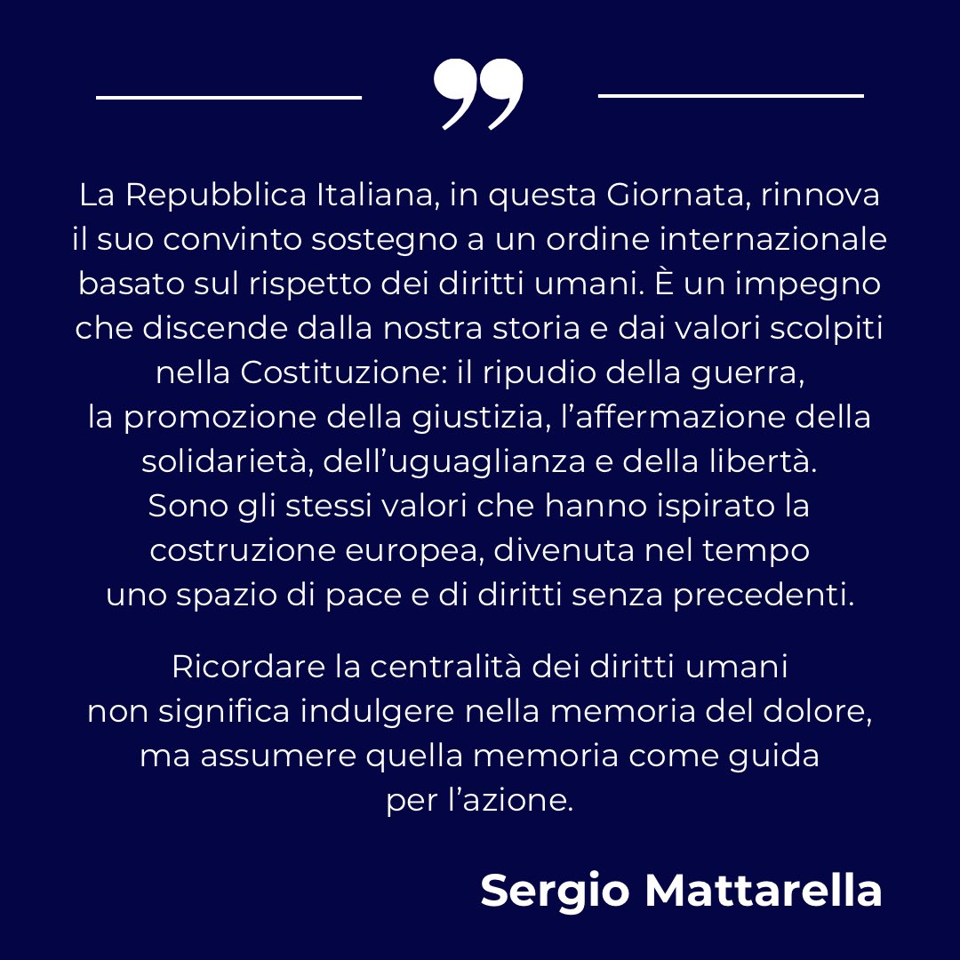 Quirinale's tweet image. Dichiarazione del Presidente Mattarella in occasione della Giornata Mondiale dei Diritti Umani

Il testo completo: quirinale.it/elementi/146403