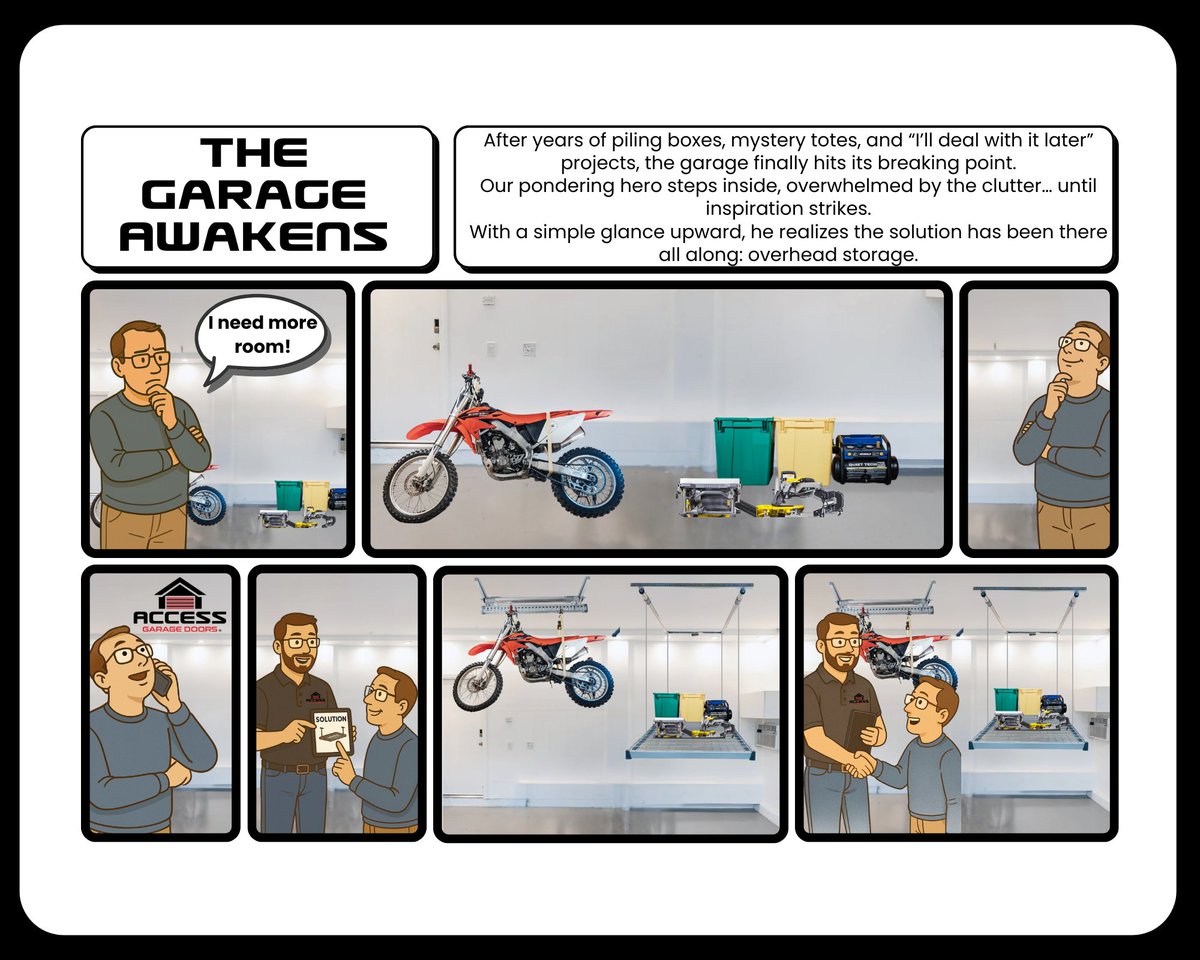 AccessDoorComp's tweet image. Walked into the garage today and realized… the clutter has won 😂
Then I looked up and boom—overhead storage = instant space upgrade.
The dirt bike is now floating like it’s in a sci-fi movie 🚀
Moral of the story: the solution might literally be above your head.
#GarageStorage