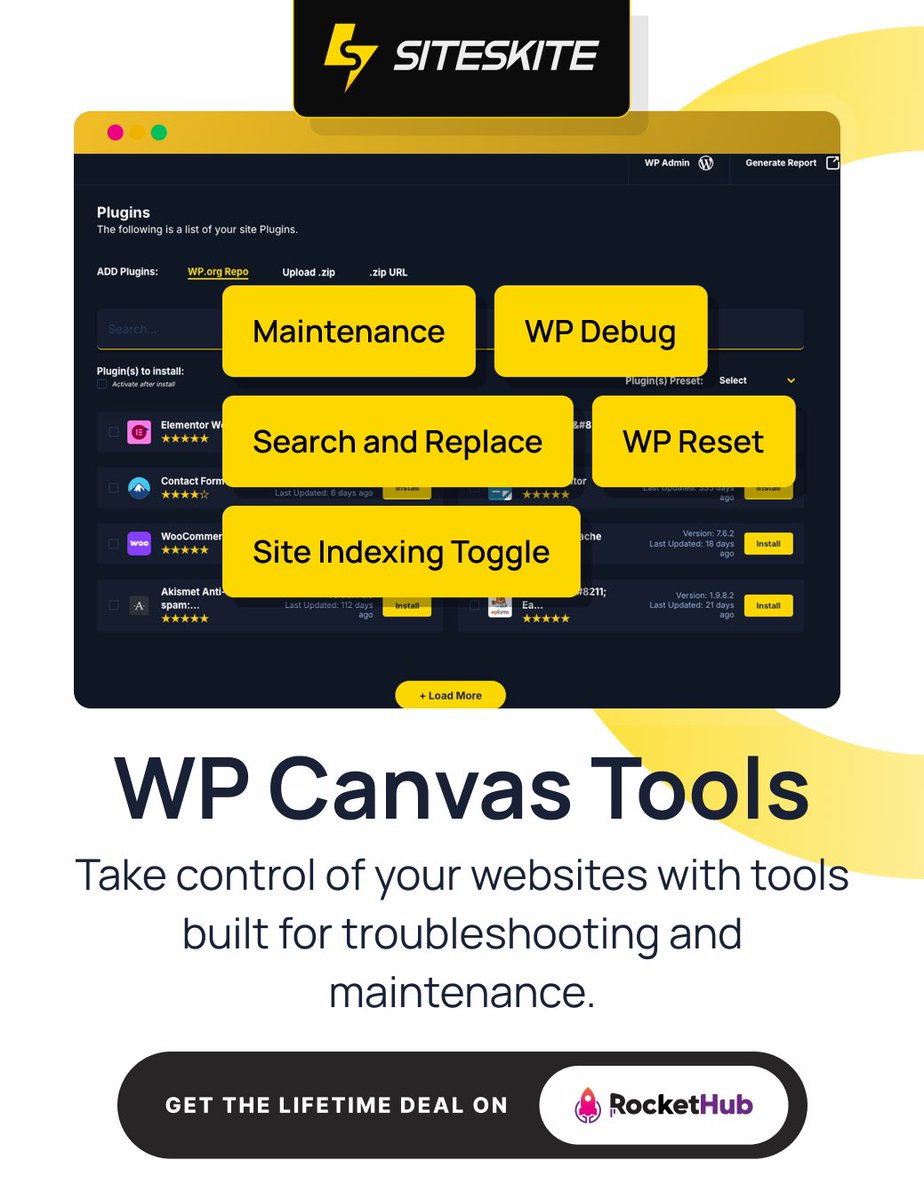 RocketHub's tweet image. Troubleshooting made simple 🔧
Use maintenance mode, debugging, resets, indexing tools &amp;amp; more all in one place.

Unlock the lifetime deal before it’s gone! 🚨

#wordpresssupport #webdevtools #wpplugins #siteskite #rockethub