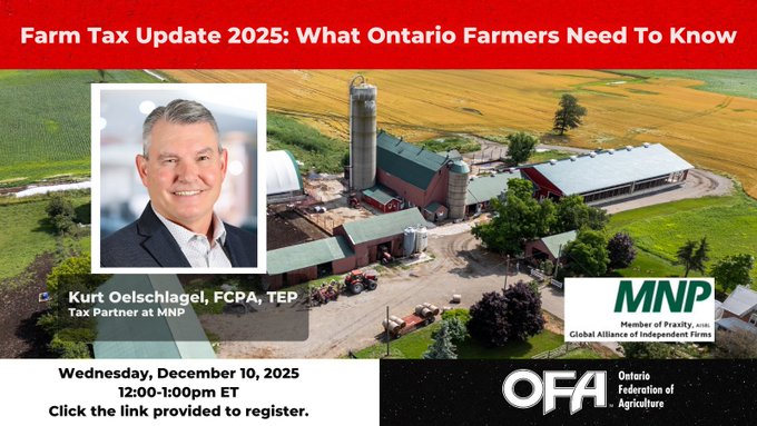 Today’s the day!
OFA’s Farm Tax Update 2025 webinar goes live at 12pm. Farmers can still register before noon. Get the latest on federal tax changes, intergenerational transfers, AMT planning, rollover rules, and more.
Register here: ofa.on.ca/event/farm-tax…