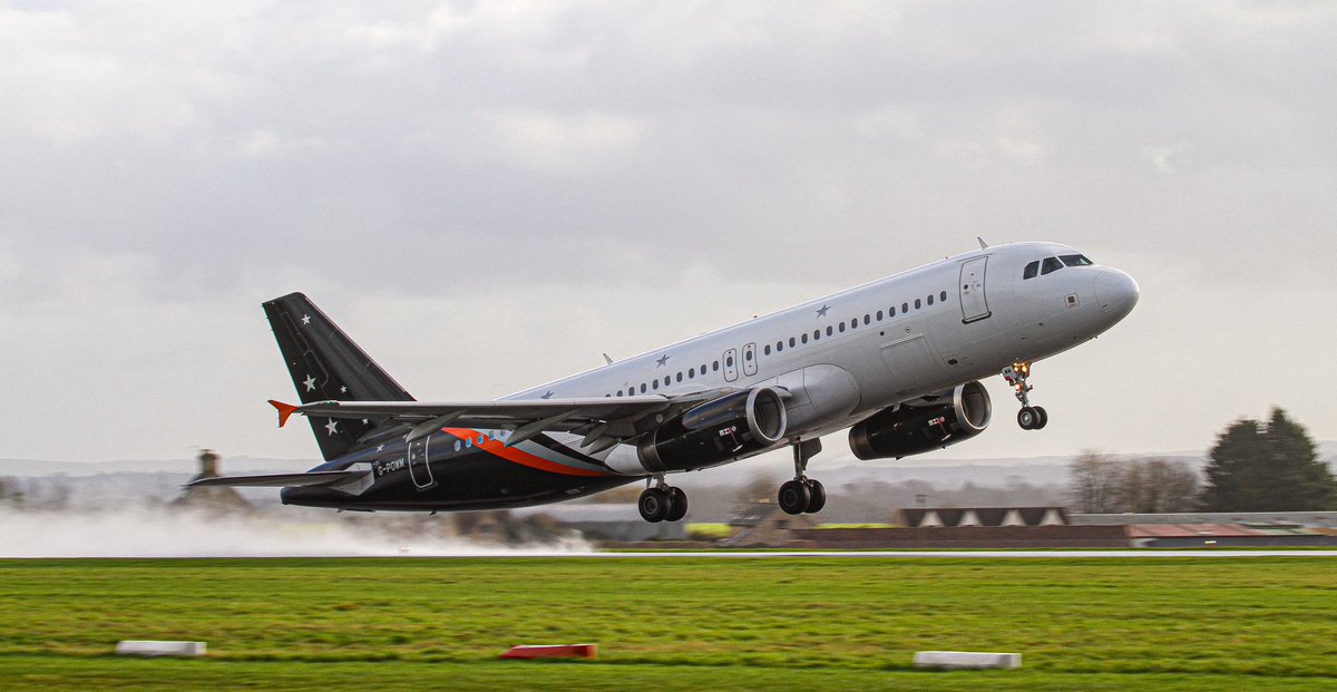 Titan Airlines A320 seen rotating off the runway at Cotswold airport today after doing stop and go’s.