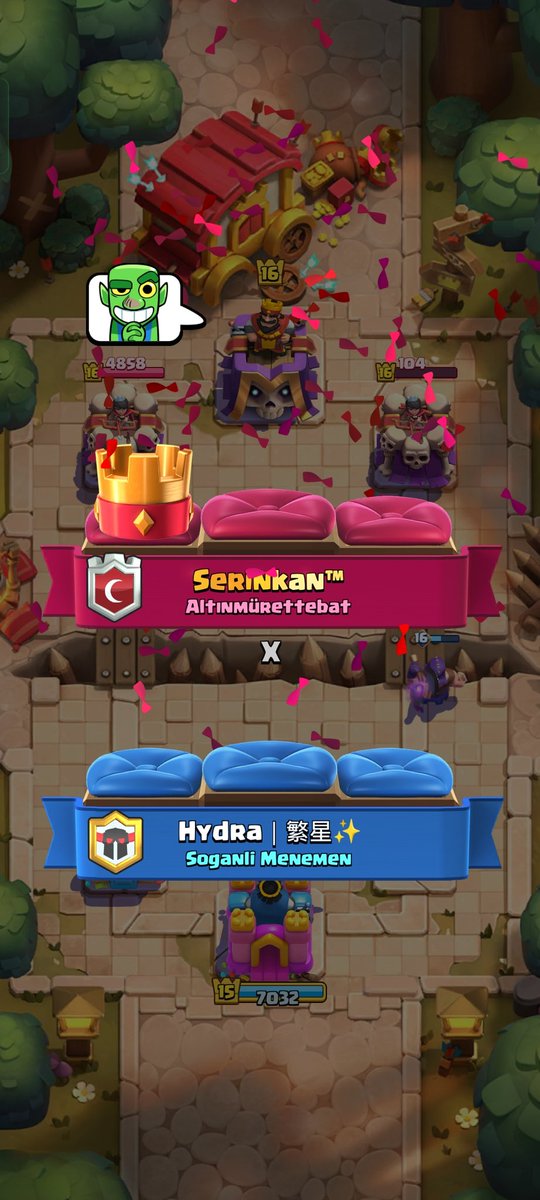 Daha oyuna yeni gelmiş op karta alisamadigim için  ana kuleye çekemedim diye maçı aliyorsun bide mac sonu Emot atıyorsun 10 maç oynasak birini ancak alırdın o ihtimalide tutturdun bravo reis bu kafayla devam et