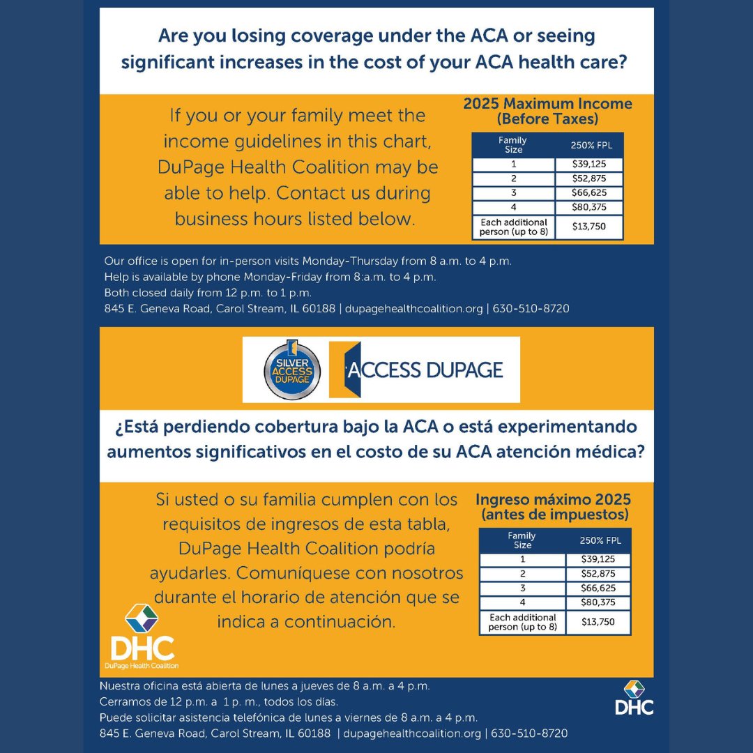 Are you or your family facing challenges with ACA coverage or rising healthcare costs? Check out the income guidelines in the chart to see if you qualify for assistance. DuPage Health Coalition is there to help you navigate your options!