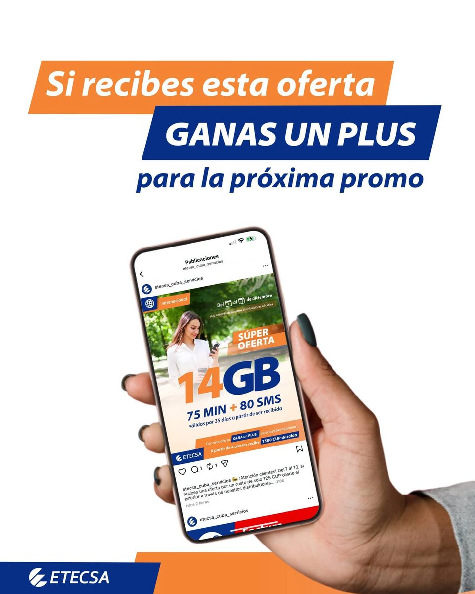 📣 Recuerda q hasta el 13 de diciembre, con la #OferteInternacional de 125 CUP a través de nuestros distribuidores internacionales, obtendrás
1️⃣4️⃣GB 🌐
7️⃣5️⃣MIN 📞
8️⃣0️⃣ SMS ✉️
🥳🙌 Además aseguras el doble de los beneficios en la próxima promo internacional 😉
( la 3ra de dic)