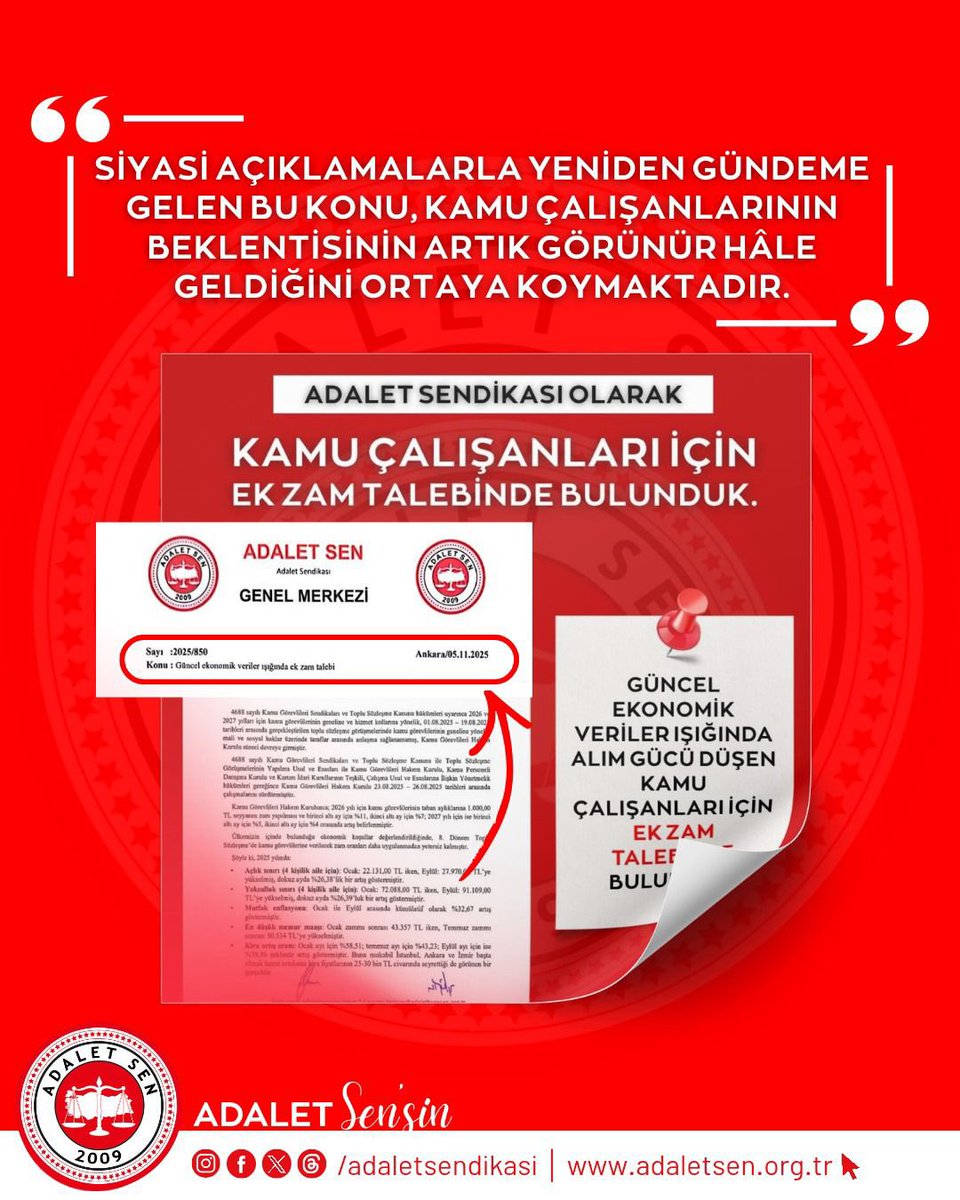 Adalet Sen olarak uzun süredir dile getirdiğimiz, tüm kamu çalışanlarını kapsayan ek zam talebimizin son günlerde siyasetin gündemine taşınmış olması önemli ve sevindirici bir adımdır.

Kamu çalışanlarının alım gücü; artan enflasyon, yüksek kira giderleri ve temel yaşam