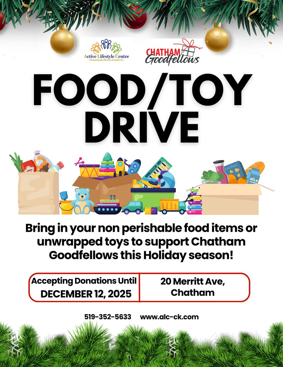 The Active Lifestyle Centre is running a Food/Toy drive to help support the Chatham Goodfellows! 
They will be collecting donations until December 12th at 20 Merritt Ave, Chatham 519-352-5633.
#YourTVCK #CKont #FoodDrive #ToyDrive #TrulyLocal