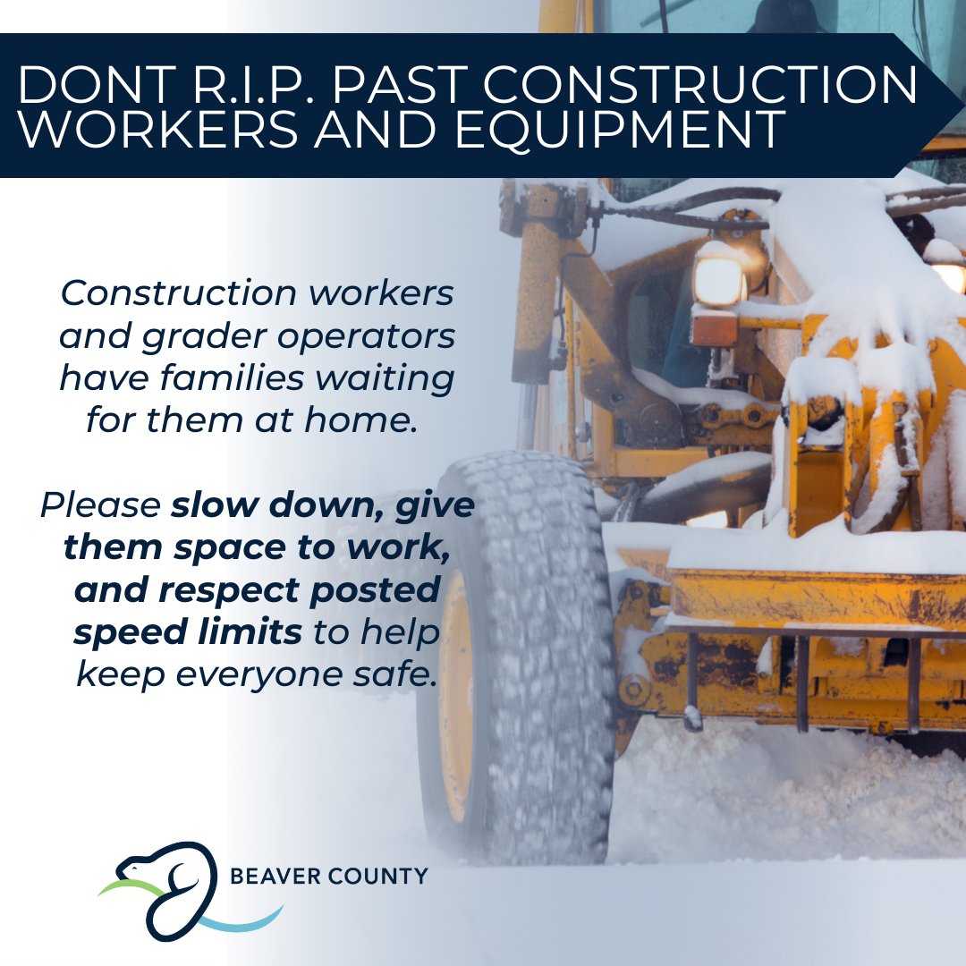 🚧 Slow Down &amp; Give Crews Space 🚧

Construction workers and grader operators have families waiting at home. Please slow down, give them space to work, and respect posted speed limits to help keep everyone safe.

Lets all get home safe 👍

 #BeaverCounty #APlaceToCallHome