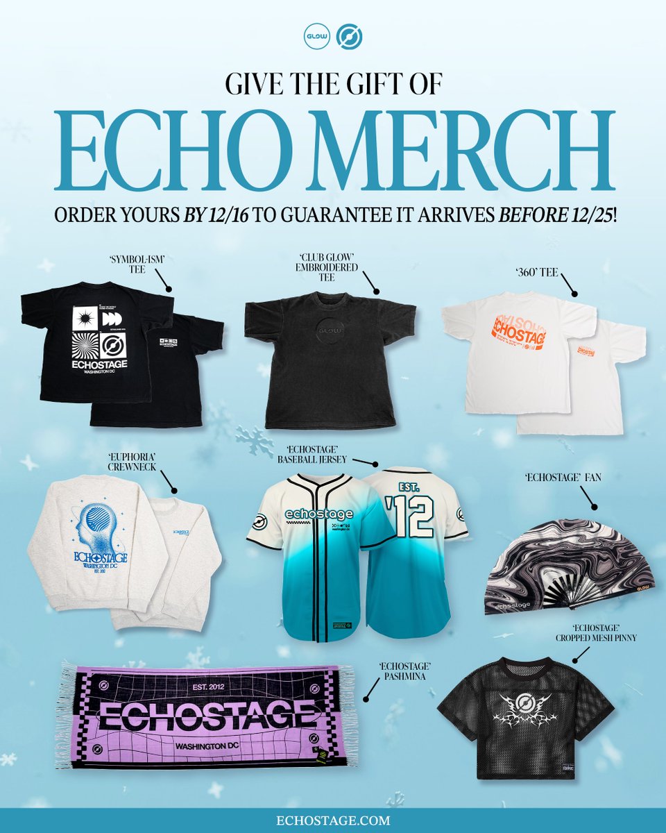 Perfect for your friend who never knows what to wear to a show. 🤝

The holidays are here! Your reminder to order Echo merch by 12/16 to guarantee delivery by 12/25. These styles are available online at echostage.com/merch