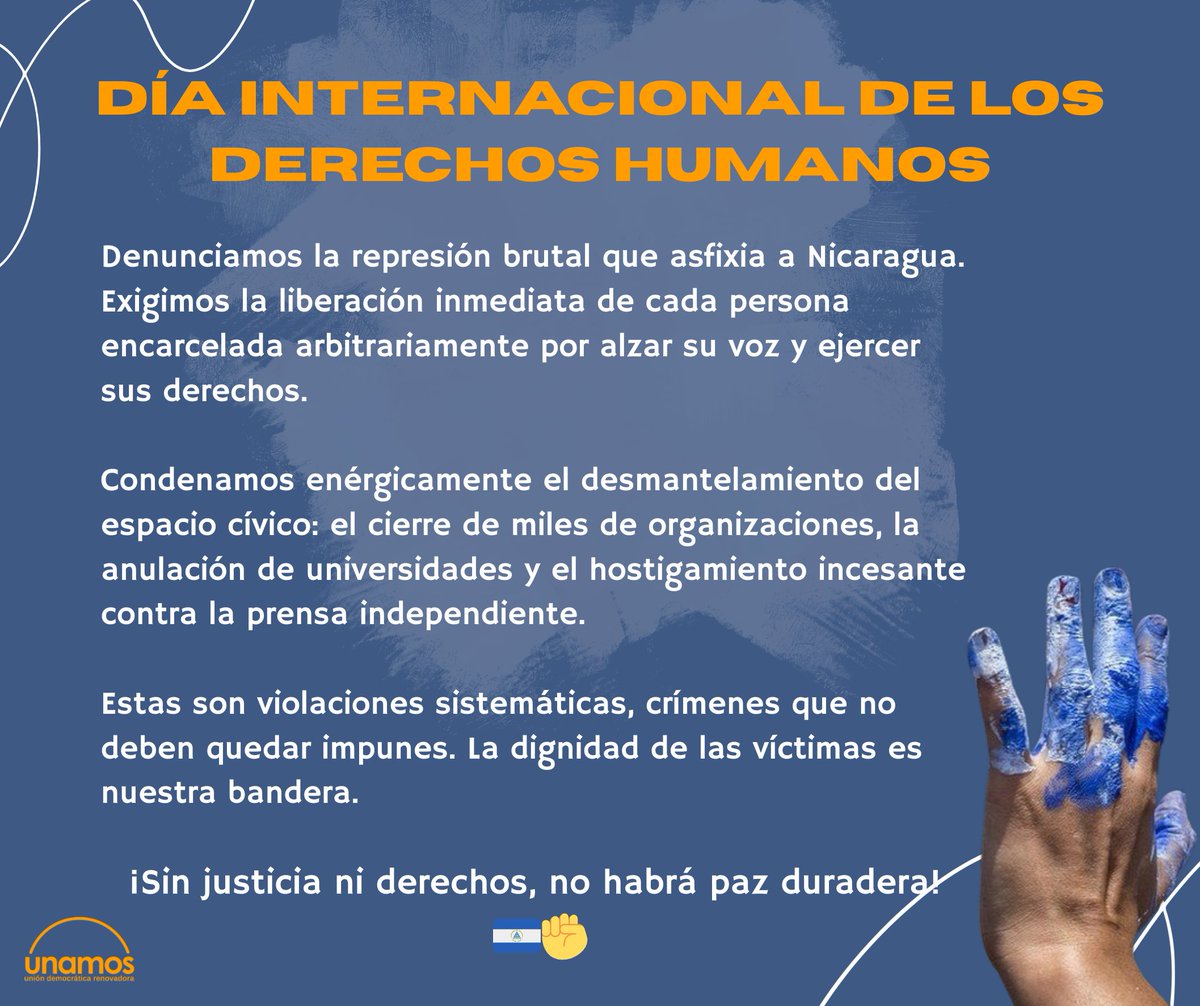 En este Día de los Derechos Humanos, denunciamos la represión brutal que asfixia a Nicaragua. Exigimos la liberación inmediata de cada persona encarcelada arbitrariamente por alzar su voz y ejercer sus derechos.
Condenamos enérgicamente el desmantelamiento del espacio cívico: el