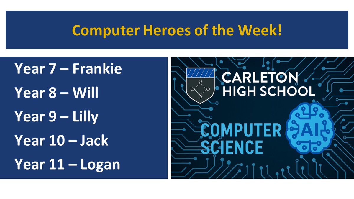 PATCarletonHigh's tweet photo. A shout out from Mr Todd for CHS's Computer Heroes of the Week - well done everyone! #CHSComputerScience #Excellence https://t.co/EZiAtxl4Od