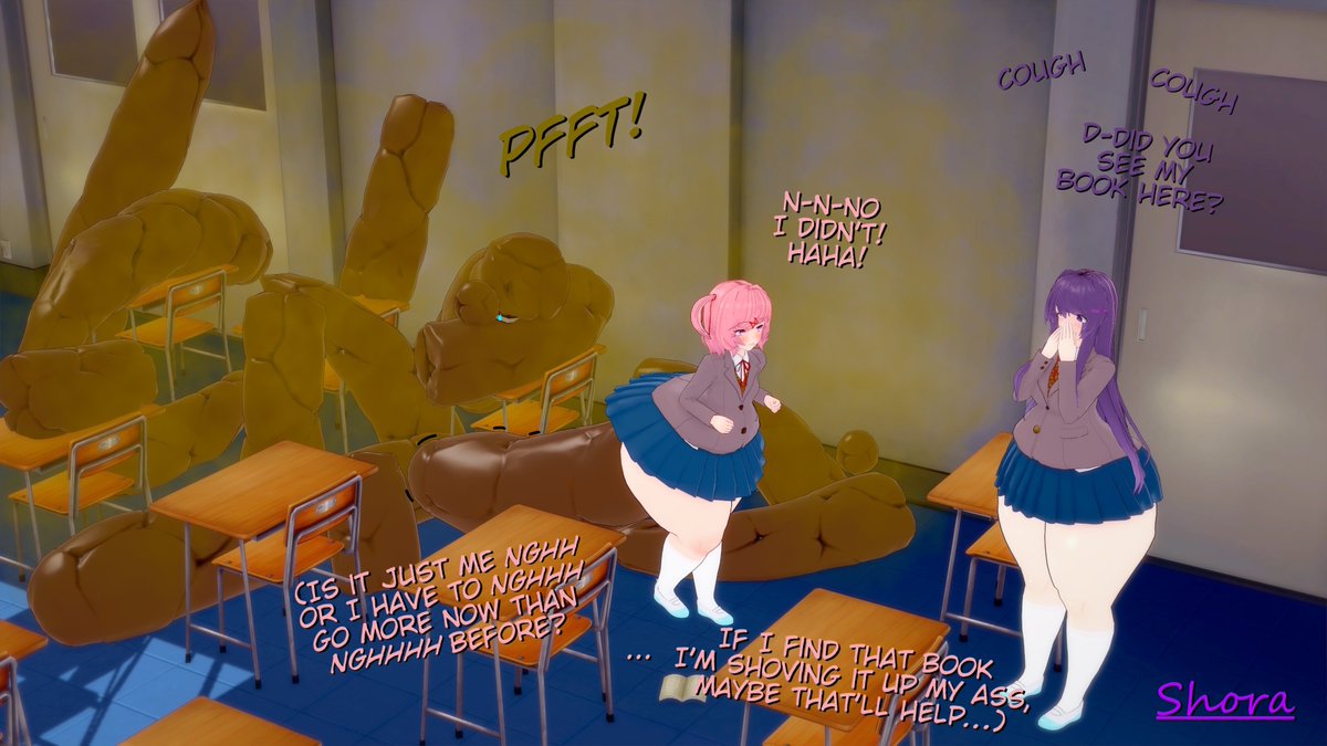 CW// Hyper scat
Let's just say that nobody is gonna find that book between all that mess...~

This was a comm! Thanxx youu!!

#DDLC #fart #farting #fartfetish #scat