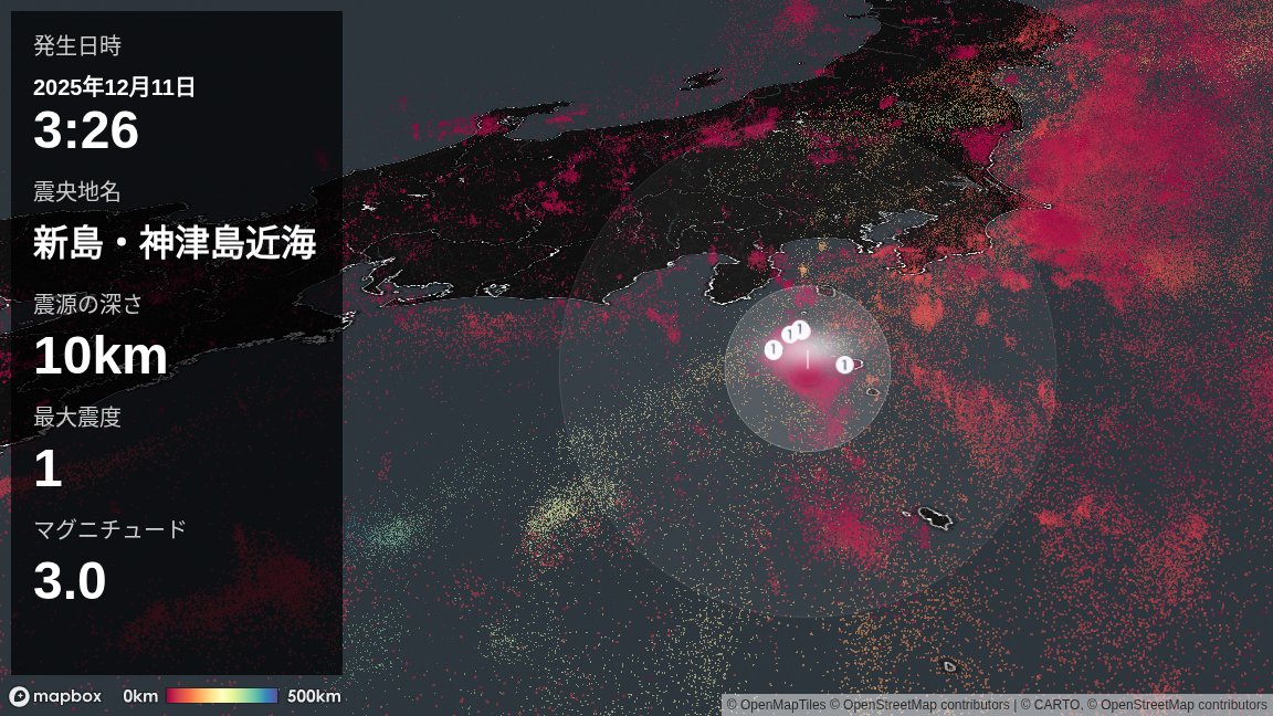 そこぬけずんどこ 速報】関東南方沖で地震 M3・9 連続4回 最大震度2 震源は新島・神津島