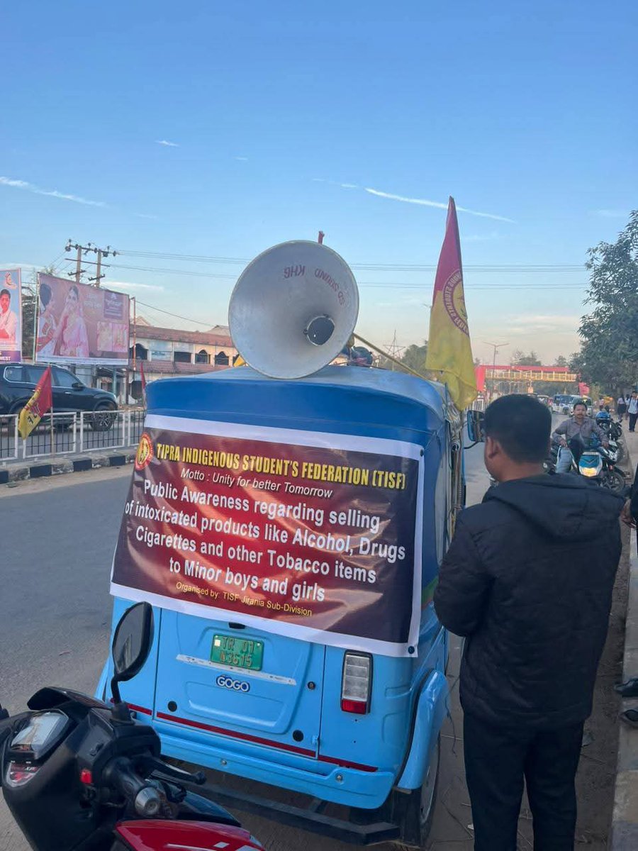 tisftipra's tweet photo. #TISF Jirania Sub-Division Convenor Mr. Apu Debbarma and TISF warriors organised an anti-drug awareness campaign through miking at Khumulwng area, spreading the message to stay away from drugs and choose a healthy, disciplined life. https://t.co/YuClSwcvFD