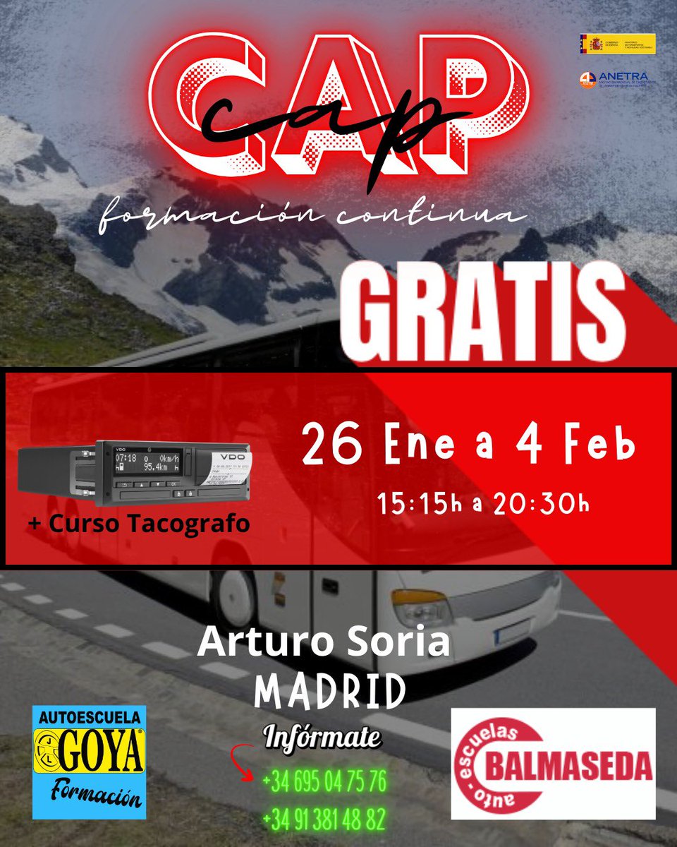 🚌 CAP Formación Continua – Renovación GRATUITA en Arturo Soria
Impartido por Balmaseda

📆 26, 27, 28, 29 enero y 2, 3, 4 febrero
🕒 15:15 h a 20:30 h
📊 Tacógrafo: 30 enero · 15:30–19:30 h

👇

#CAP #CAPRenovación #CAPGratis #ConductoresProfesionales #AutoescuelaBalmaseda