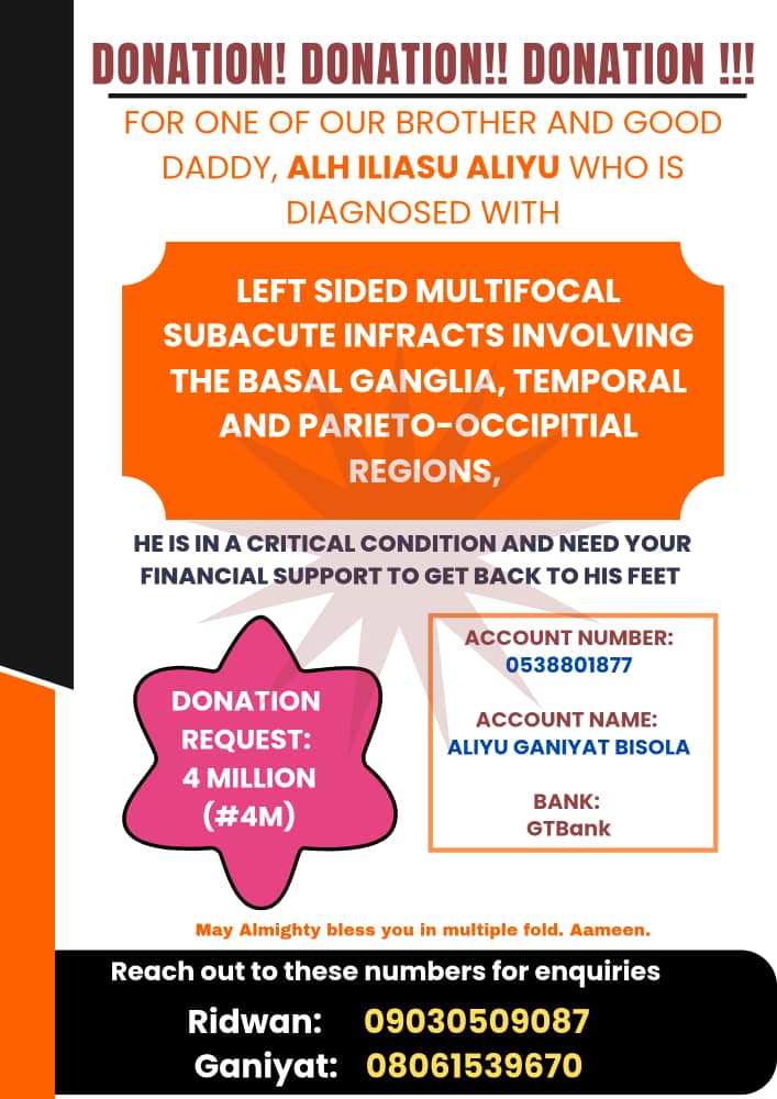 iamdonluqman's tweet photo. Please help us save Alhaji Iliasu Aliyu 🙏

He’s critically ill with a severe brain condition and needs *₦4M* for urgent treatment.

*GTBank – 0538801877*  
*Aliyu Ganiyat Bisola*

Even the smallest donation helps.  
RT &amp; support.  
#SaveALife #Charity https://t.co/f47laZOfgR