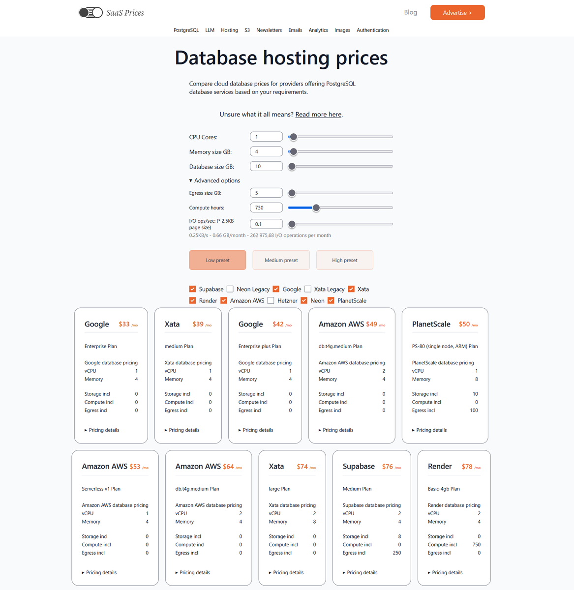 TheBuildLog's tweet photo. Updated errors in Supabase plans for SaaSPrices Postgresql calculator, they had 1/2 memory setup.

@Xata has new prices that looks even better compared to other providers now for the "Low preset"

Google is still the cheapest but requires more setup and work from devs. https://t.co/YStDqplE4S