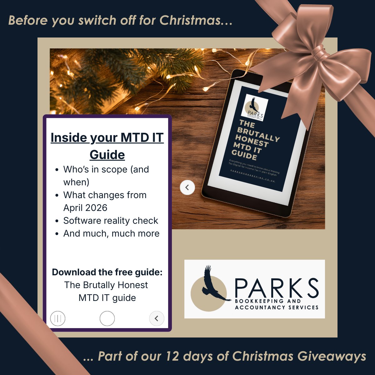 msbookkeeperuk's tweet photo. Day 2 of our 12 Days of Christmas 🎄
Grab The Brutally Honest MTD IT Guide – MTD for Income Tax explained in plain English.
Free download 👉 https://t.co/9Vn2lrvFDG

#ParksBookkeeping #12DaysOfChristmas #MTDIT
#ChristmasGiveaway https://t.co/Hfb3t2xVyV