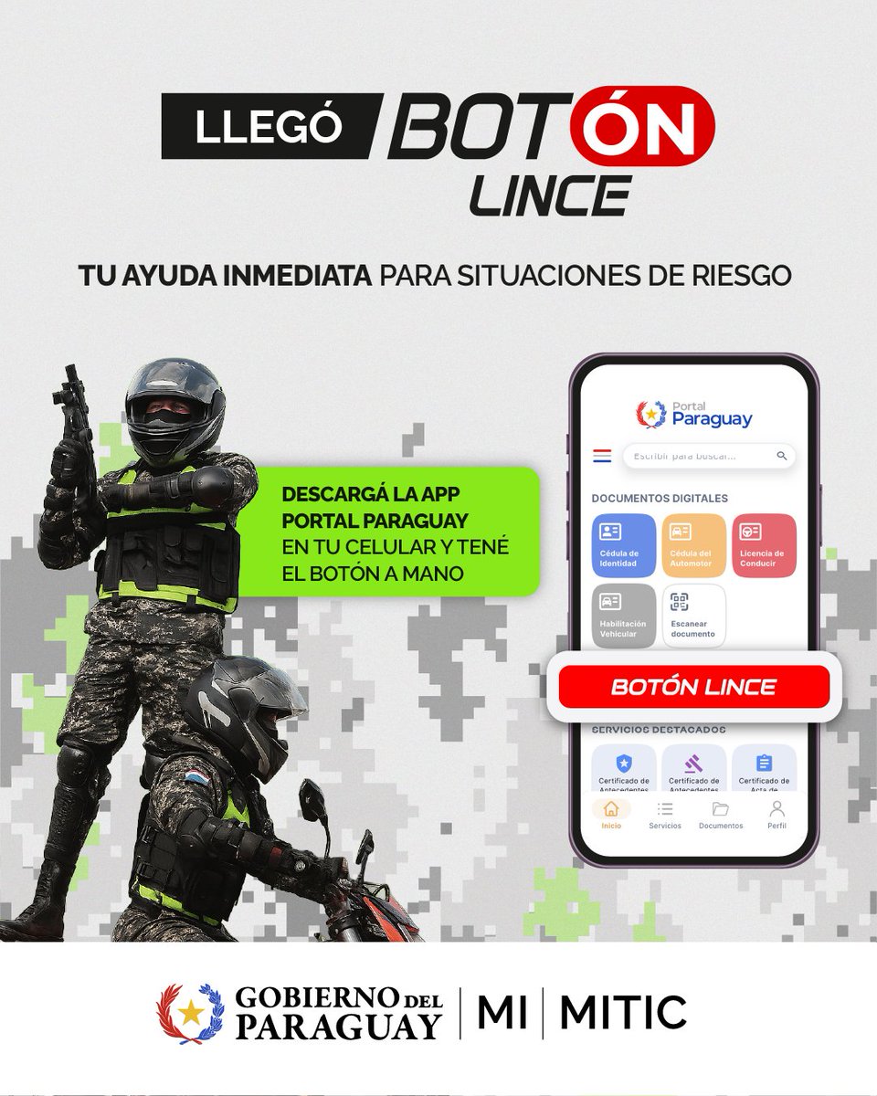 SantiPenap's tweet image. Una alternativa más para tu seguridad y la de tu familia. Ya está activo el Botón Lince, descargá la app Portal Paraguay en tu celular y ante una emergencia, apretás el botón y los agentes reciben tu ubicación exacta para llegar rápido.