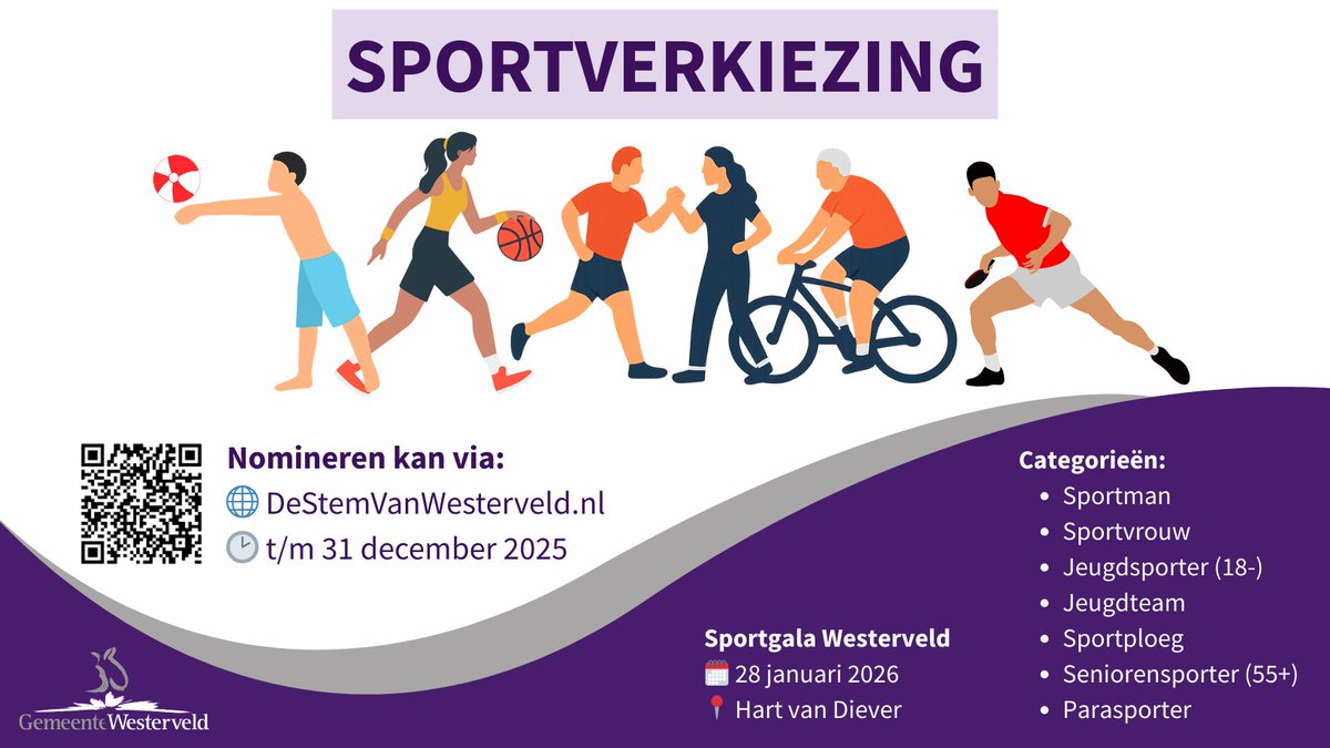 SPORTGALA 2026 GEMEENTE WESTERVELD! Ga nu naar naar destemvanwesterveld.nl/nl-NL/projects… óf scan de QR-code (op de flyer) om jouw sporter(s) en/of sportploeg(en) te nomineren voor zijn/haar/hun behaalde prestatie(s) in 2025! Doe dit voor 31 december!