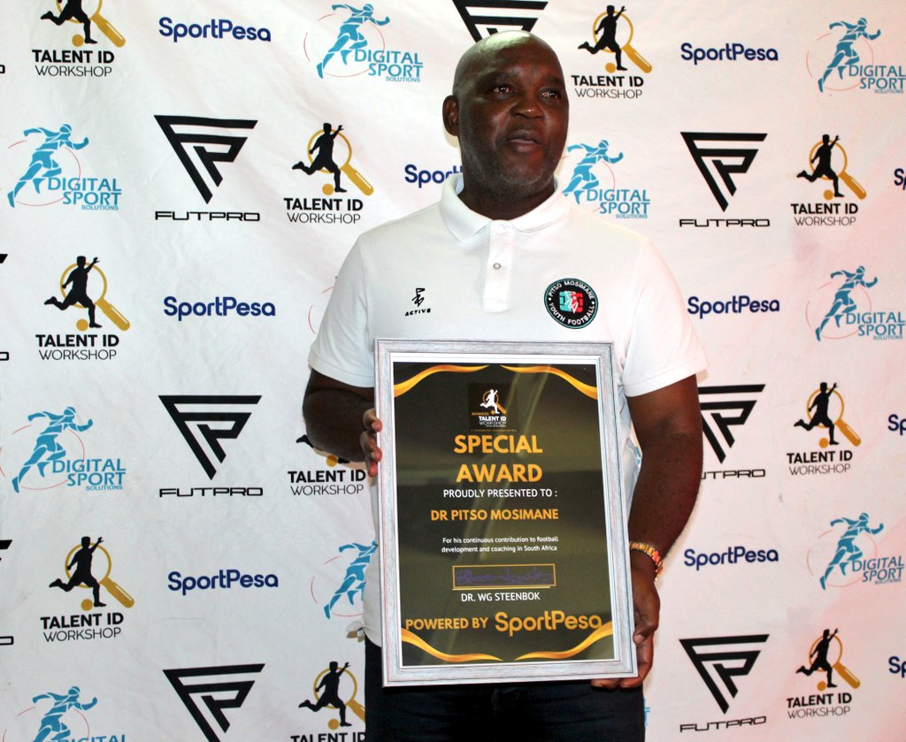 NTalentID's tweet photo. We honoured @TheRealPitso for his immense and continuous contribution to South African football during Day 3 of the Advanced Talent ID Workshop at Tshwane University of Technology @SportPesaSA https://t.co/9ebhLTD6eO