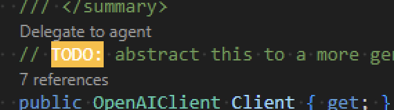 janaka_a's tweet image. Just spotted... &quot;Delegate to agent&quot; CodeLens above &quot;TODO:&quot; in @code. Nice.