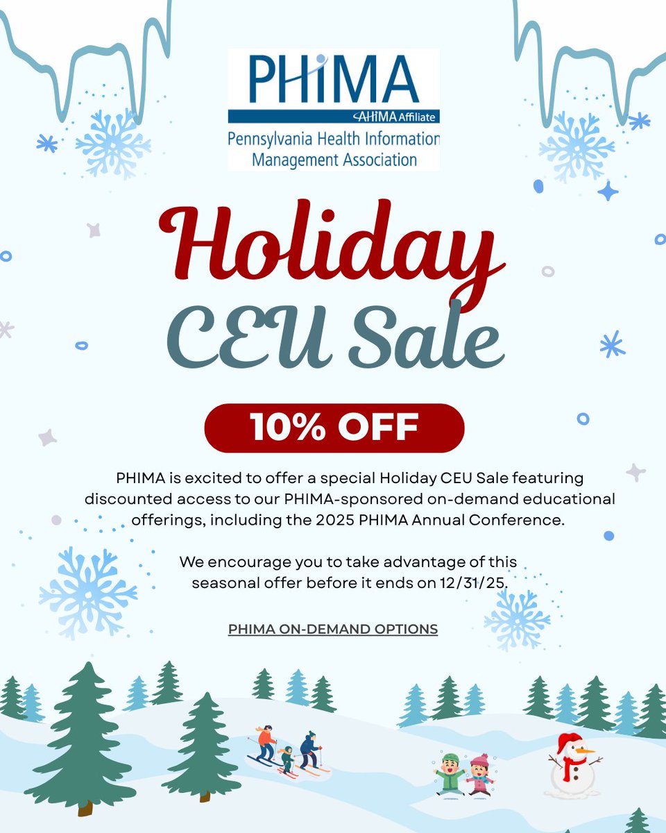 PHIMA is excited to offer a Holiday CEU Sale featuring discounts to our PHIMA-sponsored, on-demand educational offerings, including the 2025 PHIMA Annual Conference. Get all the details AND the promo code at champ.ly/AVpinc2j.