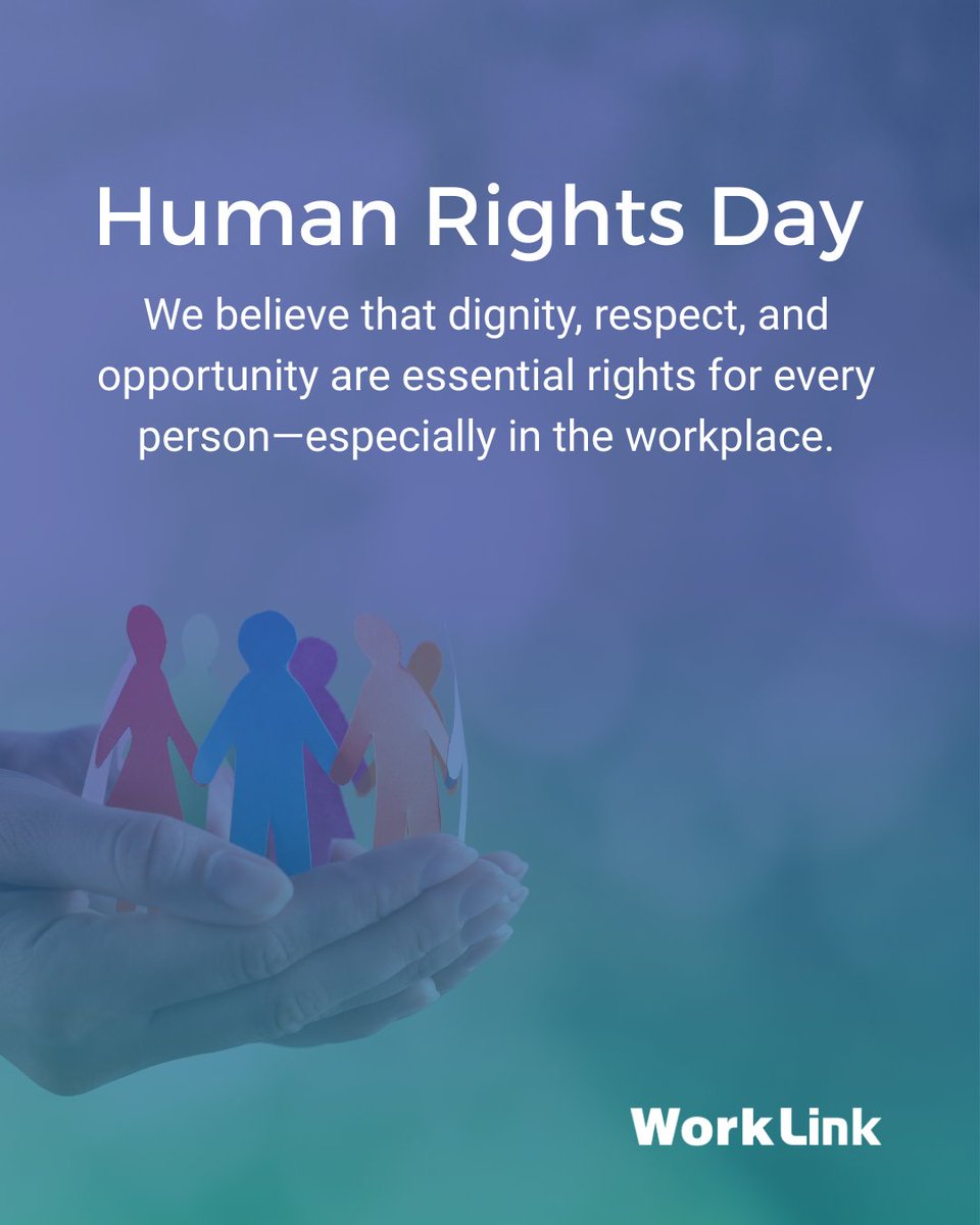 Worklink's tweet image. 🌍 December 10 is Human Rights Day 🌍

At WorkLink, we believe dignity, respect &amp;amp; opportunity are rights everyone deserves—especially at work. We're proud to support inclusive access to employment &amp;amp; break down barriers every day.

#HumanRightsDay #WorkLink #EquityInEmployment