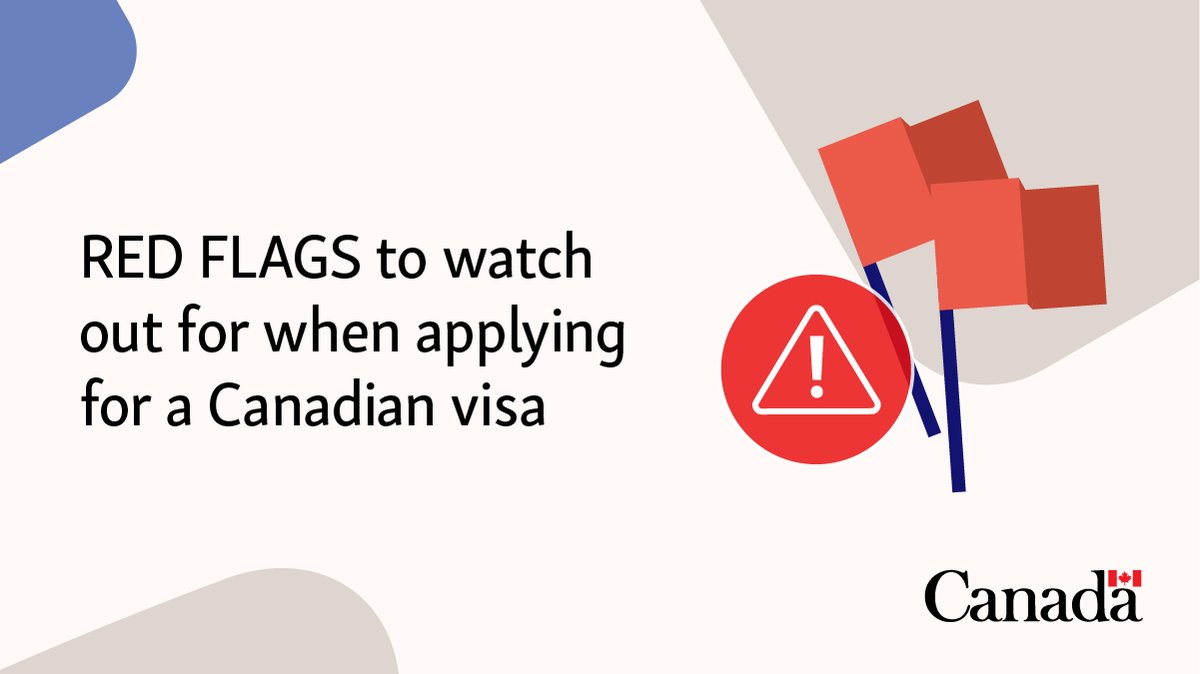 CitImmCanada's tweet photo. Red flags to watch out for when applying for a Canadian visa!

Protect yourself from visa fraud and scams by learning these important warning signs:

🚩 Someone pretending to be from IRCC on social media asking for your personal information
🚩 Someone demanding cash-only payments with no receipt and “guaranteed” visa approval
🚩 Visa fee payments being requested by email, phone or bank transfer
🚩 Work recruiters providing visa documents with numerous errors or mistakes

For complete guidance on how to protect yourself from immigration fraud and scams, visit our website at: https://t.co/fb3paiDqGs