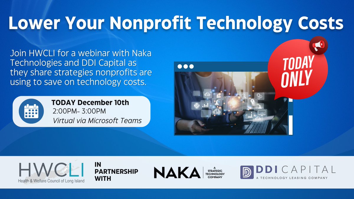 🚨 TODAY at 2 PM! Last chance to register!  Join HWCLI, NAKA Technologies, and DDI Capital Inc. today at 2PM for our final end-of-year event! This is your final opportunity to gain actionable insights to maximize your 2026 nonprofit technology budget. Register now, Link in bio!