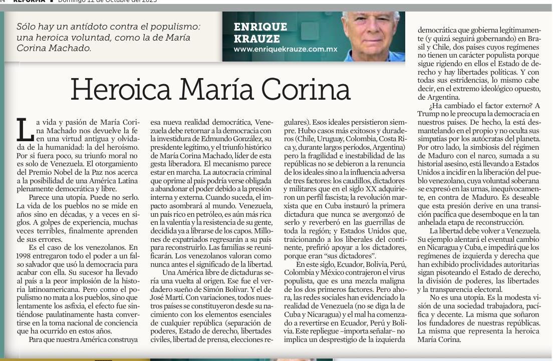 EnriqueKrauze's tweet photo. De Venezuela con Bolívar, partió la independencia de Iberoamérica. A Venezuela volverá, con María Corina Machado, la libertad de Iberoamérica. https://t.co/4WRSUkO4ra