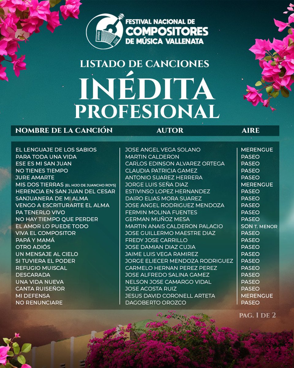 FestiCompositor's tweet photo. Presentamos el listado oficial de canciones inscritas en la Canción Inédita - Categoría Profesional del 48 Festival Nacional de Compositores de Música Vallenata. https://t.co/2xGQBSFYg8