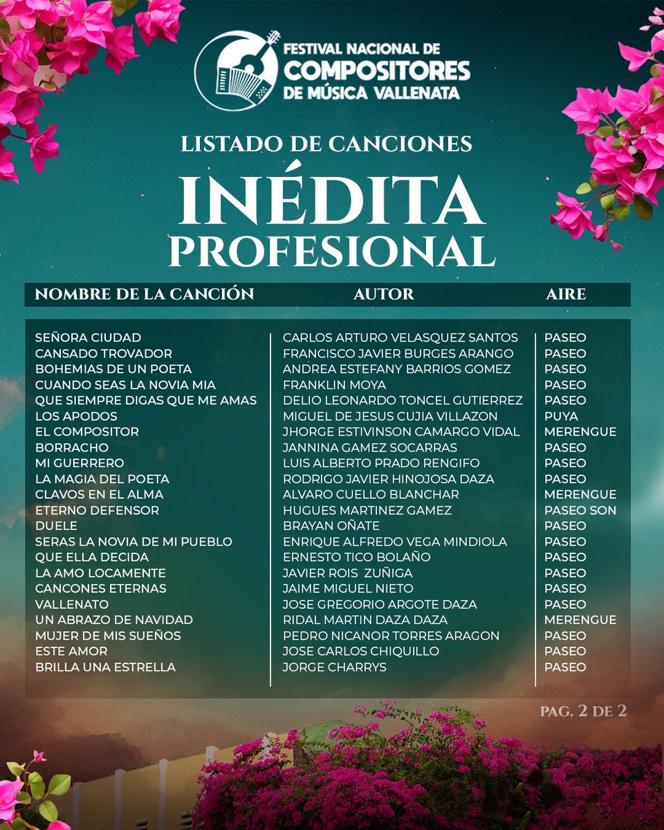 Presentamos el listado oficial de canciones inscritas en la Canción Inédita - Categoría Profesional del 48 Festival Nacional de Compositores de Música Vallenata.