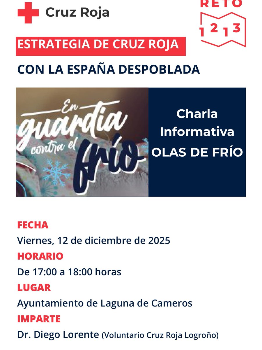 ❄️ Charla OLAS DE FRÍO en Laguna de Cameros
🗓 12/12/2025
⏰ 17:00–18:00
📍 Ayuntamiento de Laguna de Cameros
👨‍⚕️ Dr. Diego Lorente (Cruz Roja Logroño)

Prevención y consejos ante el frío intenso.
¡Actividad gratuita!

#CruzRoja #OlasDeFrío