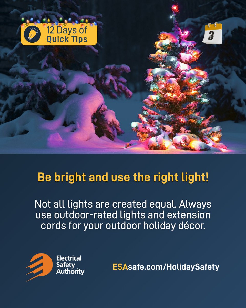 ✨ESA’s 12 Days of Quick Tips: Easy tips to help make your 🎄 holidays merry and safe.✨
📅Day 3: Be bright and use the right light!
➡️Remember to share with friends. A safer holiday starts with awareness! 
Can't wait for each one? See all our holiday safety tips at