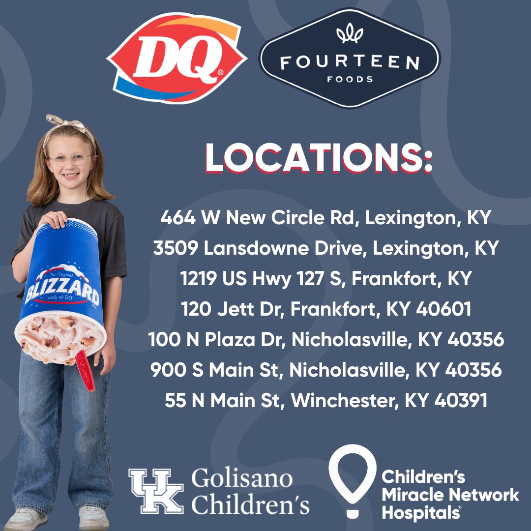 This Thursday, swing by any participating <a href="/DQ14Foods/">DQ Fourteen Foods</a> <a href="/DairyQueen/">Dairy Queen</a> locations to support <a href="/KCHKids/">Golisano Children’s at UK</a>! 🍦 Ten percent of your purchase will directly benefit kids receiving care at Golisano Children’s at UK — the perfect excuse for a sweet treat! #DQ #ChangeKidsHealth