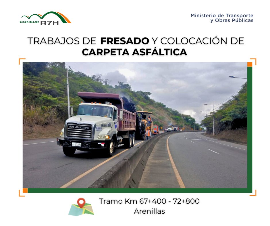 🚧Estimados usuarios🚧

👷La cuadrilla de mantenimiento se encuentra en estos momentos realizando parte del trabajo de mantenimiento vial en el tramo Km 67 - 72 de Arenillas.

⚠️Se recomiendo conducir con la debida precaución

#ConsurR7H #Concesión #MantenimientoVial