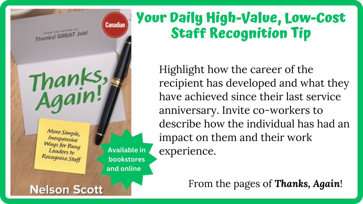 Tip #204: Enhance reaching #ServiceMilestones by noting how recipients have grown professionally since their last anniversary (from Theme #16: Add Meaning to Formal Recognition). #StaffRecognition #Leadership 

amazon.ca/Thanks-Again-I…