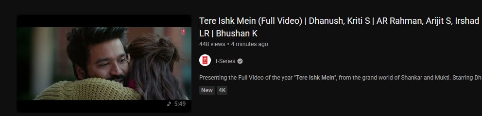 Tseries just dropped the full version of the song Tere Ishq Mein which is the best part of the god forsaken terrible movie.