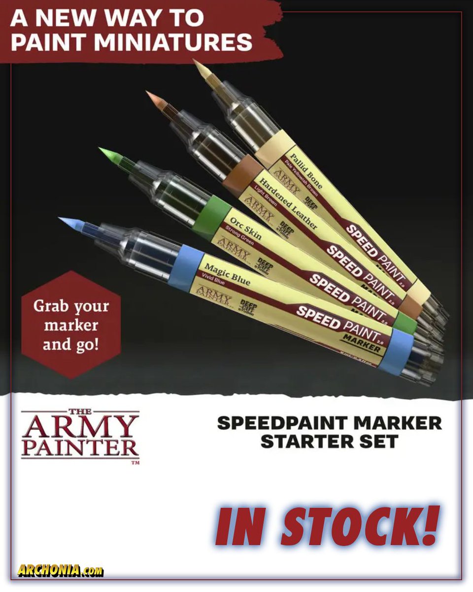 Archonia's tweet image. Get your miniatures painted fast! 🎨 

The revolutionary Speedpaint Marker: Starter Set from The Army Painter is IN STOCK NOW!

Grab your Starter Set via archo.co/44ojq8W 🖌️⚙️📦

#SpeedpaintMarker #TheArmyPainter #InStock #MiniaturePainting #Warhammer #Hobby #Wargaming