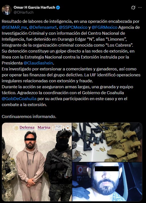 Durante un operativo encabezado por el fuerzas federales fue detenido en Durango Edgar "N" alias "Limones" integrante de "Los Cabrera" organizaciones criminal que opera en la región, así lo anunció el titular de <a href="/SSPCMexico/">Secretaría de Seguridad y Protección Ciudadana</a> <a href="/OHarfuch/">Omar H Garcia Harfuch</a> mediante un comunicado en sus redes sociales