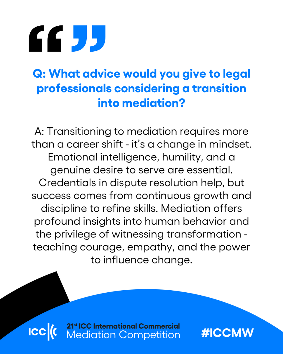 We are thrilled to introduce Jody Sin, one of the Problem Authors of the 21st ICC Mediation Competition!

📌 What inspired her career move and what advice would she give to young professionals considering a transition into mediation?

👉 forms.office.com/Pages/Response…