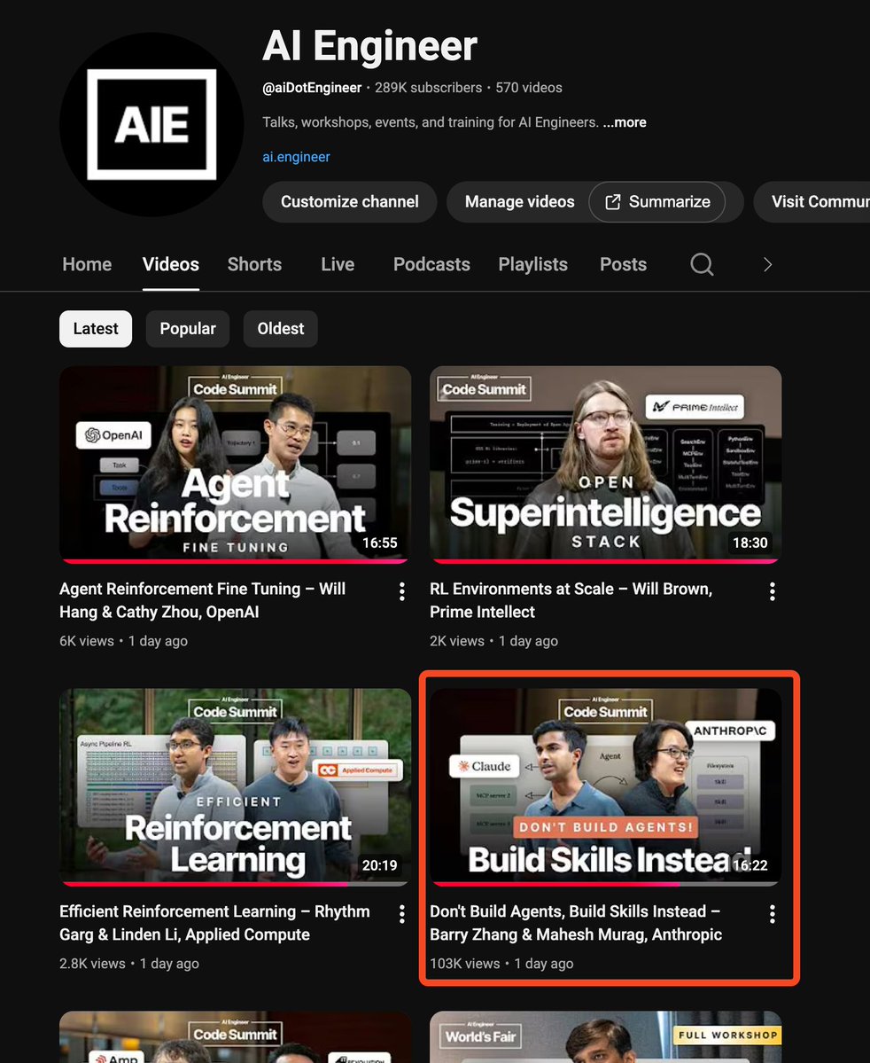 @simonw가 "클로드 스킬스는 정말 대단해, MCP보다 더 큰 존재일지도 몰라"라고 했을 때 솔직히 회의적이었는데, 초기 징후로 볼 때 그 말이 맞는 것 같아.
AIE에서 10만 조회수를 돌파한 영상 중